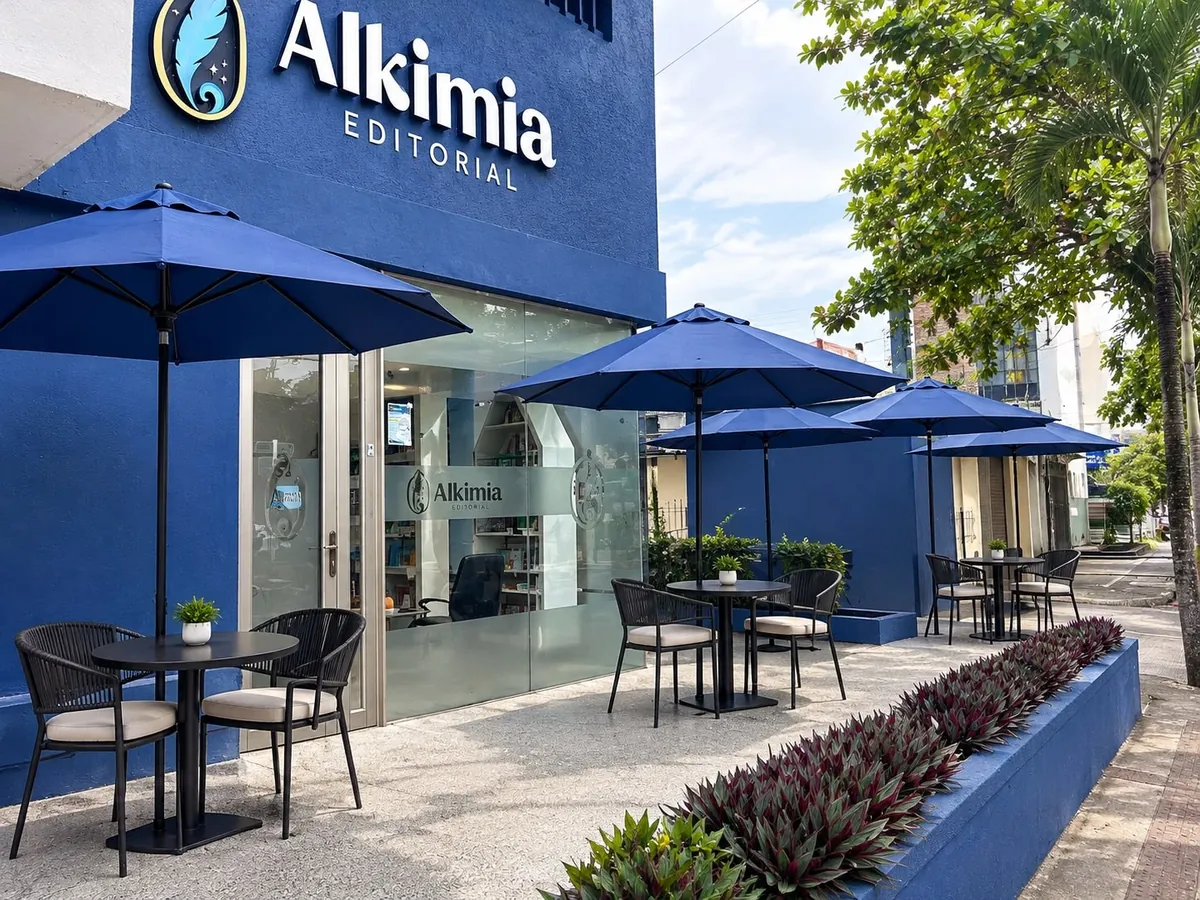 Fachada azul de Alkimia Editorial con sombrillas y mesas en la terraza